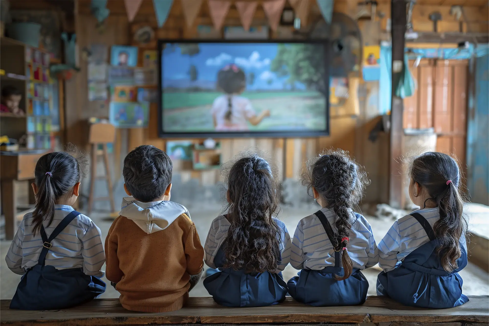 Crianças assistindo filmes para passar em sala de aula.