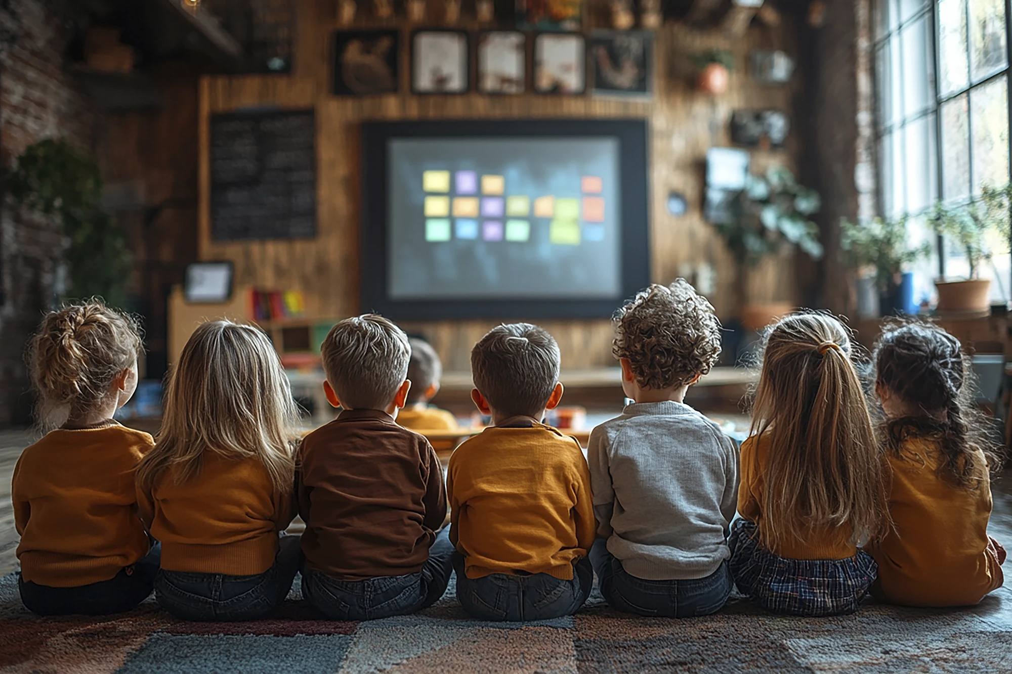 Crianças assistindo filmes na escola.